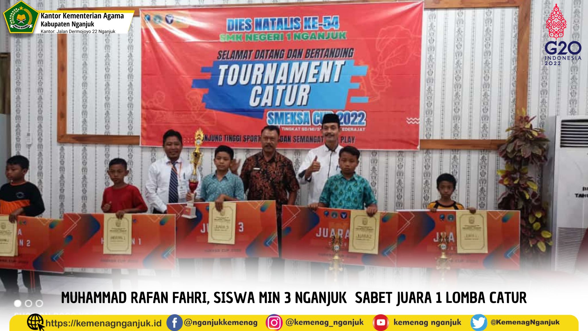 MUHAMMAD RAFAN FAHRI, SISWA MIN 3 NGANJUK  SABET JUARA 1 LOMBA CATUR