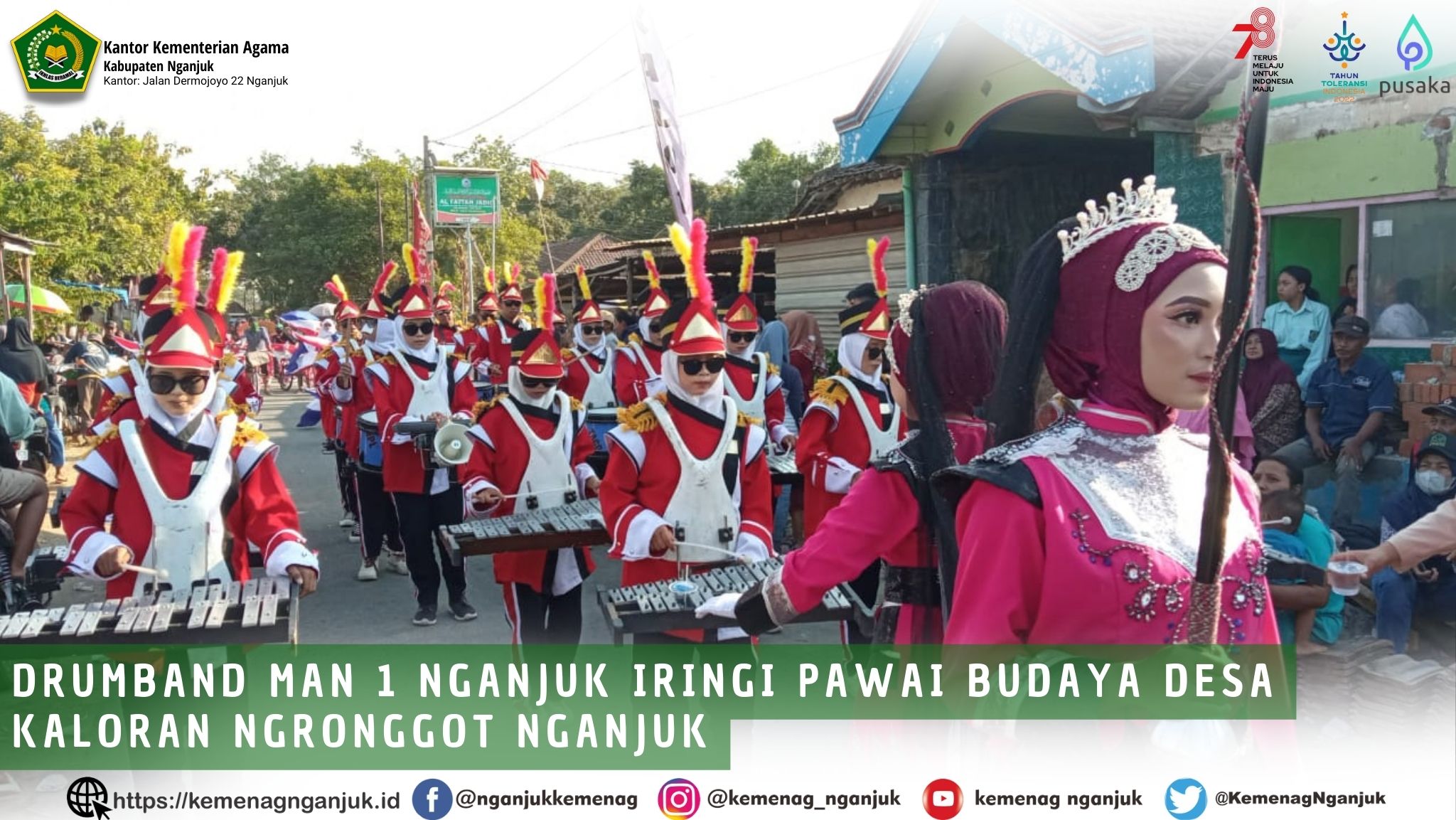 Drumband MAN 1 Nganjuk iringi Pawai Budaya Desa Kaloran Ngronggot Nganjuk